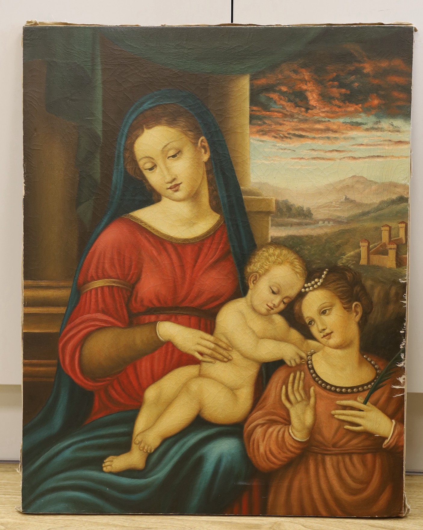 After Raphael, oil on canvas, Madonna and child with attendant, 70 x 55cm, unframed